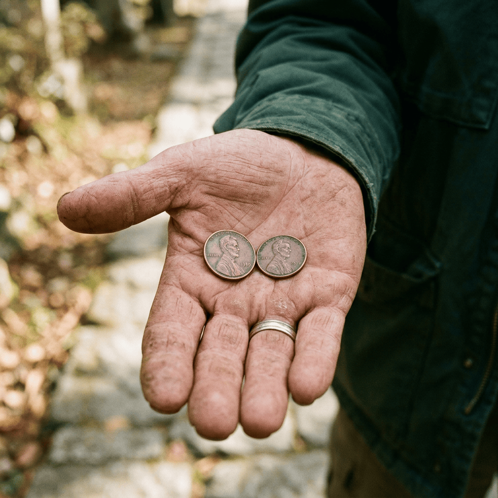 Open hand holding two pennies outdoors on a woodland path